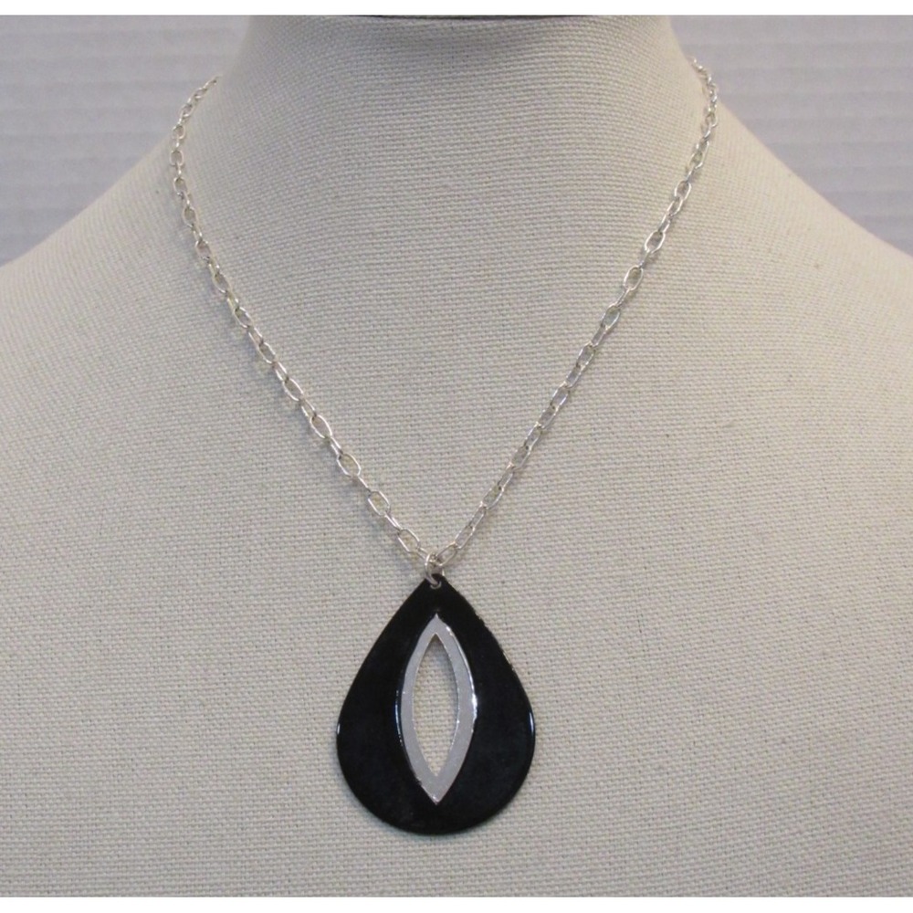 Modernist Teardrop Pendant‎ Necklace Black Silver Tone Geometric Link Chain